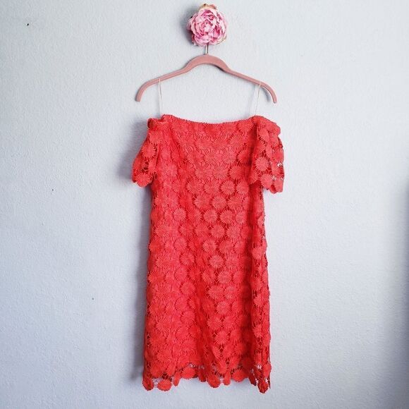 Trina‎ Turk Orange Floral Lace Overlay Off Shoulder Dress - Picture 1 of 9